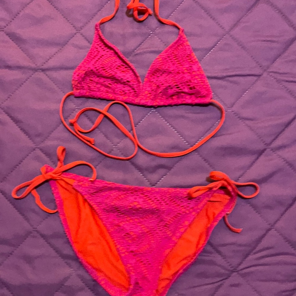 String bikini orange with bright pink crochet